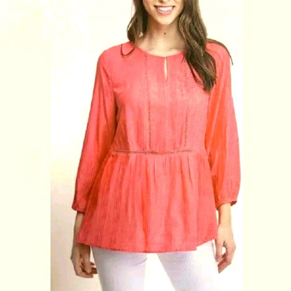 1-DAY SALE Coral Stripe Crochet Keyhole Boho Top NEW …